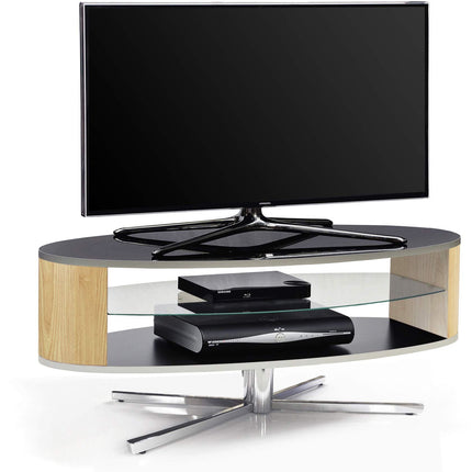 MDA Designs Orbit 1100 Gloss Black TV Stand with Oak Elliptic Sides for Flat Screen TVs up to 55" - Grade A