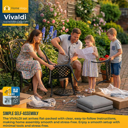 Homeology VIVALDI Black 3-Piece Cast Aluminium Garden Bistro Set - Rust-Proof Round Table with Parasol Hole & 2 Generously Sized Armchairs - with Grey Cushions