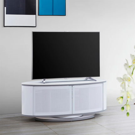 MDA Designs LUNA Gloss White Oval Cabinet with White Profiles White BeamThru Glass Doors Suitable for Flat Screen TVs up to 50" - Grade A