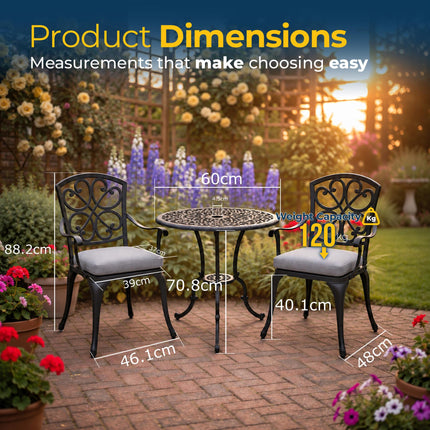 Homeology VIVALDI Black 3-Piece Cast Aluminium Garden Bistro Set - Rust-Proof Round Table with Parasol Hole & 2 Generously Sized Armchairs - with Grey Cushions