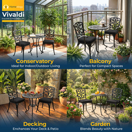Homeology VIVALDI Black 3-Piece Cast Aluminium Garden Bistro Set - Rust-Proof Round Table with Parasol Hole & 2 Generously Sized Armchairs - with Black Cushions