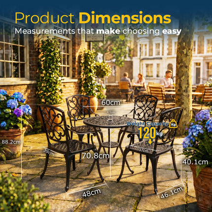 Homeology VIVALDI Black 5-Piece Cast Aluminium Garden Bistro Set- Rust-Proof Round Table with Parasol Hole & 4 Large Armchairs- Baroque Design for Patio, Balcony & Conservatory
