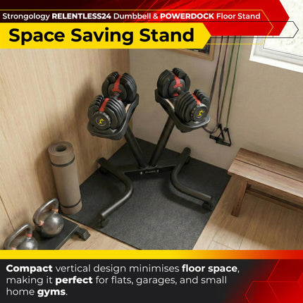 Strongology RELENTLESS24 Adjustable Dumbbell Pair (2.5kg–24kg) + POWERDOCK Floor Stand | 15-in-1 Quick-Select Weights | Heavy Duty Ergonomic V-Frame Floor Stand with Wheels | Complete Home Gym Bundle