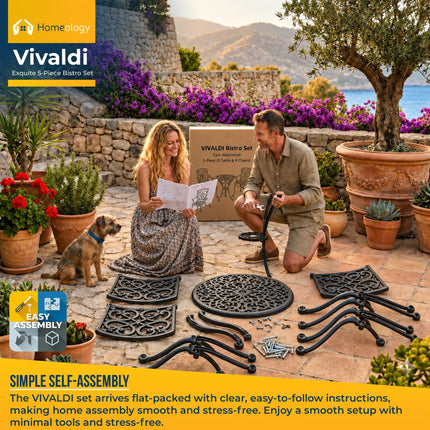 Homeology VIVALDI Black 5-Piece Cast Aluminium Garden Bistro Set- Rust-Proof Round Table with Parasol Hole & 4 Large Armchairs- Baroque Design for Patio, Balcony & Conservatory