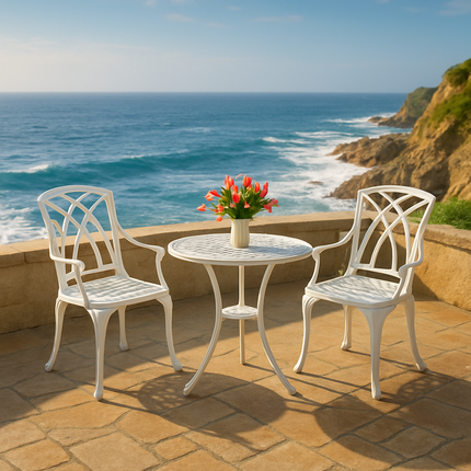 Centurion Supports OSHOWA Luxurious Garden and Patio Table and 2 Large Chairs with Armrests Cast Aluminium Bistro Set - White