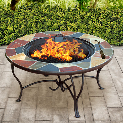 Centurion Supports Fireology SANTIAGO Prestigious Garden and Patio Fire Pit, Brazier, Coffee Table, Barbecue and Ice Bucket with Slate Tiles