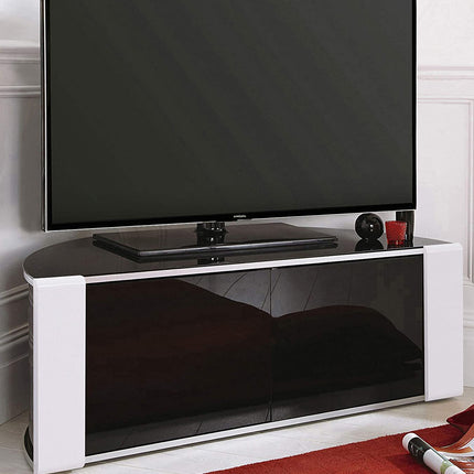 MDA Designs Sirius 850 Remote Friendly Beam Thru Glass Door Gloss Piano Black with White Front Profiles up to 40" LCD/Plasma/LED Cabinet TV Stand