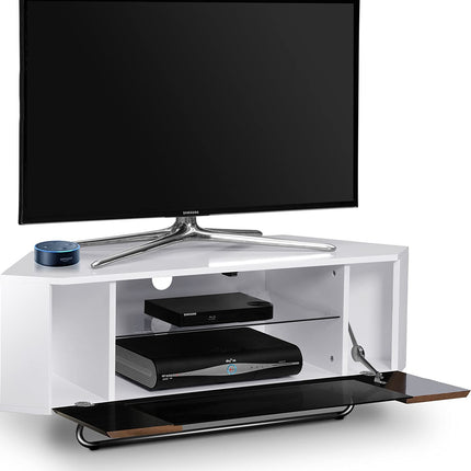 Centurion Supports Hampshire Corner-Friendly Gloss White with Walnut Contrast Beam-Thru Remote Friendly Door 26"-50" Flat Screen TV Cabinet