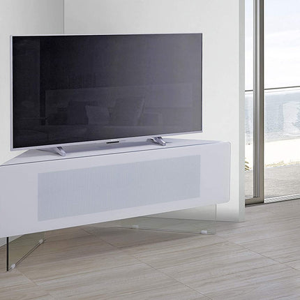 MDA Designs Antares Hybrid White Corner-Friendly Cabinet with Clear Acrylic Legs Hover Effect & Remote-Friendly Glass Door TV Stand - Grade A