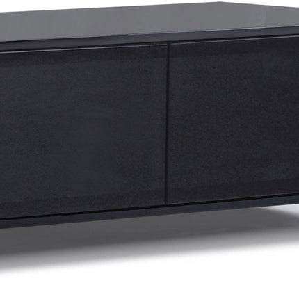 MDA Designs CORVUS Corner-Friendly Gloss Black Contemporary Cabinet with Oak Profiles Black BeamThru Glass Doors Suitable for Flat Screen TVs up to 50"