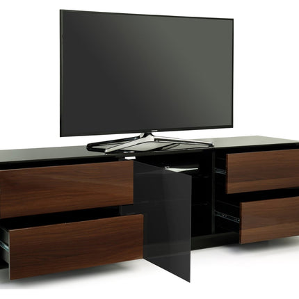 Centurion Supports AVITUS ULTRA Remote Friendly BeamThru Gloss Black with 4-Walnut Drawers 32"-65" Flat Screen TV Cabinet