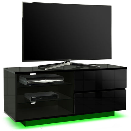 Centurion Supports Gallus Premium High Gloss Black with 2-Black Drawers and 3-Shelf 32"-55" LED/OLED/LCD TV Cabinet with 16 colour LED Lights