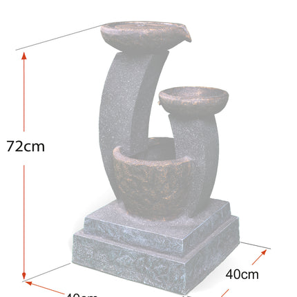 MDA Designs Shinto Outdoor 3-Tier Water Feature - Cascading Bowls with LED Lights Garden Fountain