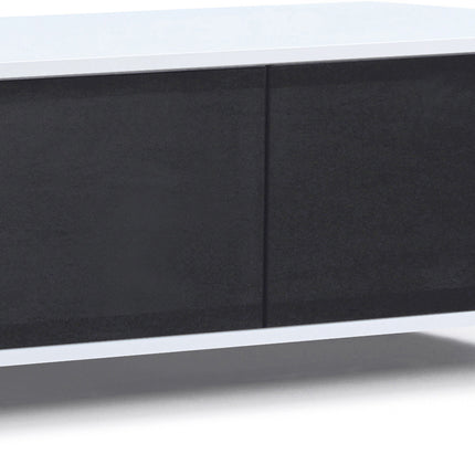 MDA Designs CORVUS Corner-Friendly Gloss White Contemporary Cabinet with Black Profiles Black BeamThru Glass Doors Suitable for Flat Screen TVs up to 50"