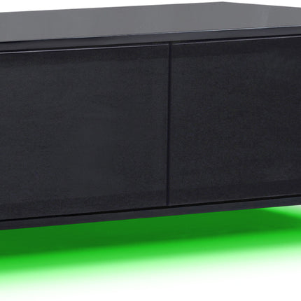 MDA Designs CORVUS Corner-Friendly Gloss Black Cabinet with Black BeamThru Glass Doors Suitable for Flat Screen TVs up to 50" with 16 Colour LED Lights