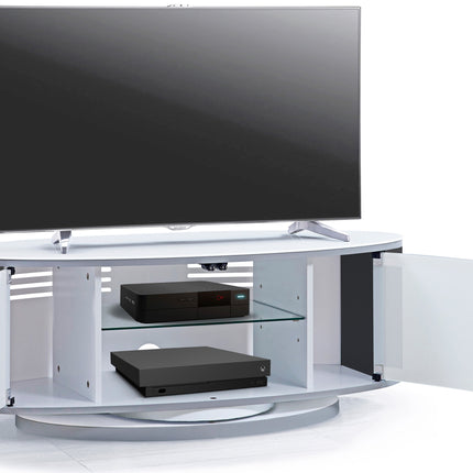 MDA Designs LUNA Gloss White Oval Cabinet with Black Profiles and White BeamThru Glass Doors Suitable for Flat Screen TVs up to 50"