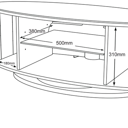 MDA Designs LUNA Gloss White Oval Cabinet with Walnut Profiles White BeamThru Glass Doors Suitable for Flat Screen TVs up to 50"