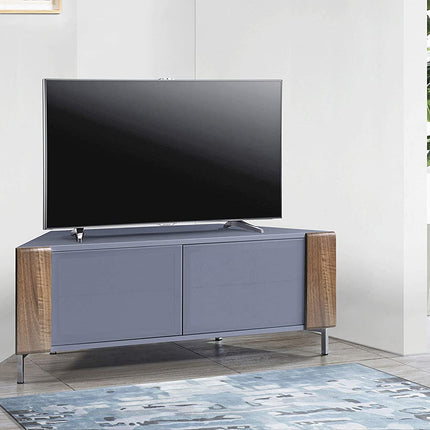 MDA Designs CORVUS Corner-Friendly Grey BeamThru Glass Doors with Walnut Profiles Contemporary Cabinet for Flat Screen TVs up to 50"