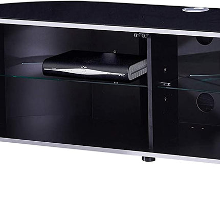 MDA Designs Sirius 1600 TV Cabinet Gloss Black Stand with BEAMTHRU Remote-Friendly Glass Door, Walnut/Oak Trims and Cable Management for TVs up to 70” TV Unit