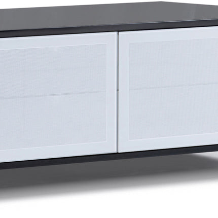MDA Designs CORVUS Corner-Friendly Gloss Black Contemporary Cabinet with Black Profiles White BeamThru Glass Doors Suitable for Flat Screen TVs up to 50"