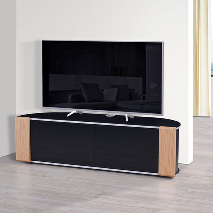 MDA Designs Sirius 1600 Cabinet with BeamThru Remote-Friendly Gloss Black with Walnut/Oak Interchangeable Trims for Flat Screen TVs up to 70" - Grade A