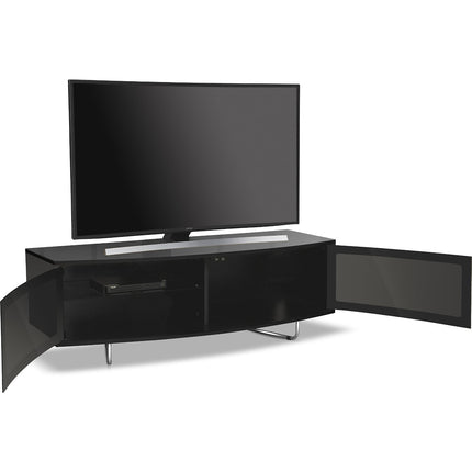 Centurion Supports Caru Gloss Black Beam-Thru Remote Friendly Super-Contemporary "D" Shape Design 32"-65" LED/OLED/LCD TV Cabinet