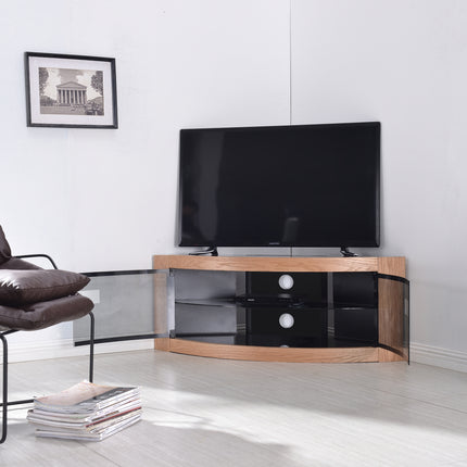 Centurion Supports PANGEA Black Oak Beam-Thru Glass Doors Curved Unit Tru-Corner 32"-50" TV Cabinet - Grade A