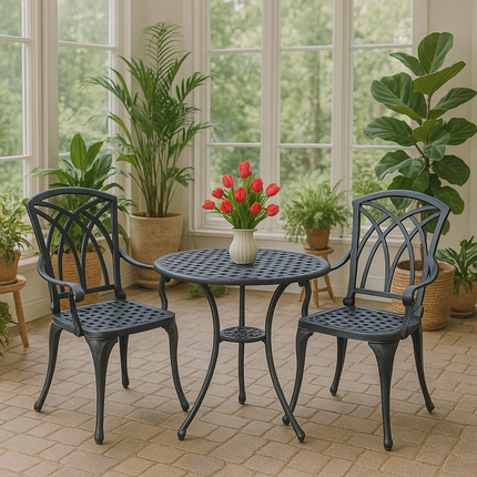 Centurion Supports OSHOWA Luxurious Garden and Patio Table and 2 Large Chairs with Armrests Cast Aluminium Bistro Set Grey