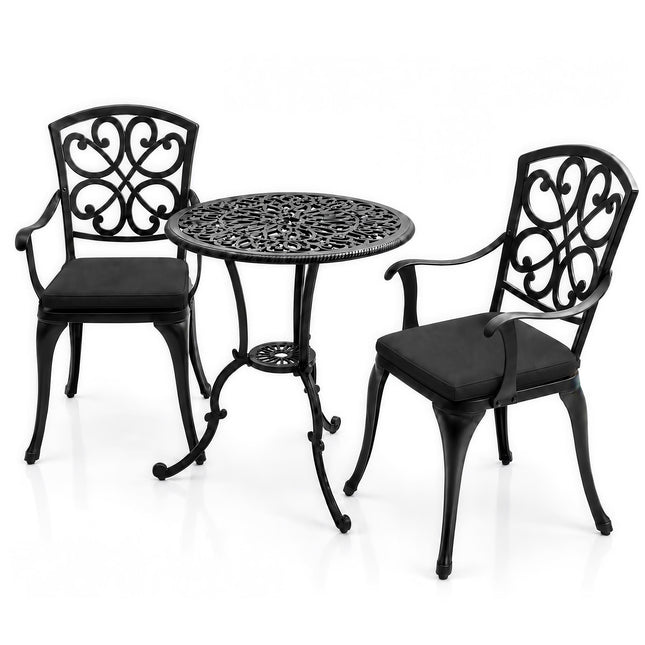 Homeology VIVALDI Black 3-Piece Cast Aluminium Garden Bistro Set - Rust-Proof Round Table with Parasol Hole & 2 Generously Sized Armchairs - with Black Cushions