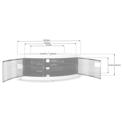 Homeology PANGEA Gloss Black and Greige Beam-Thru Glass Doors Curved Unit Tru-Corner 32"-50" TV Cabinet