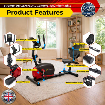 Strongology ZENPEDAL Recumbent Exercise Bike for Home, Magnetic Resistance Bike with 8 Levels, LCD Monitor with Heart Rate, Adjustable Seat with Back Support, Quiet Indoor Cycle - Grade A