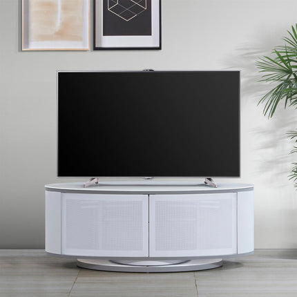 MDA Designs LUNA Gloss White Oval Cabinet with White Profiles White BeamThru Glass Doors Suitable for Flat Screen TVs up to 50" - Grade A