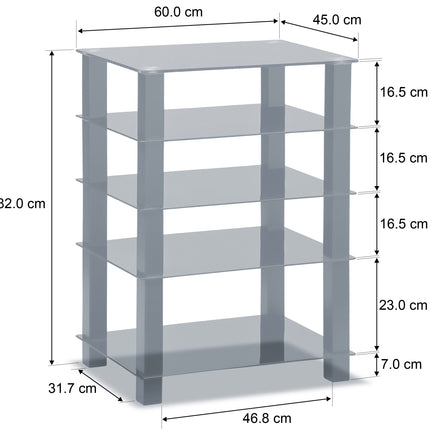 Centurion Supports TRINITY Gloss Black 5 Shelf with Walnut Legs Flat Screen TV Rack Glass Stand