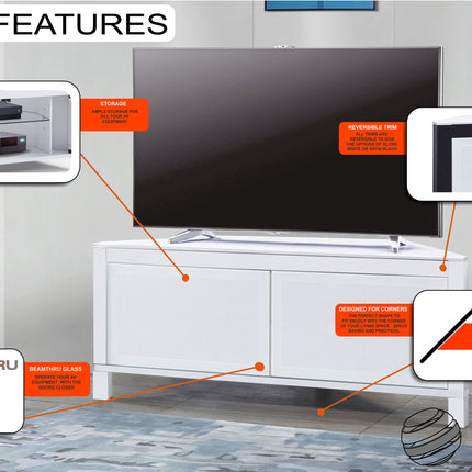 MDA Designs VOLANS Tru-Corner Remote Friendly Doors White/Black Reversible Panel LCD/Plasma/LED TV up to 42" Corner TV Cabinet