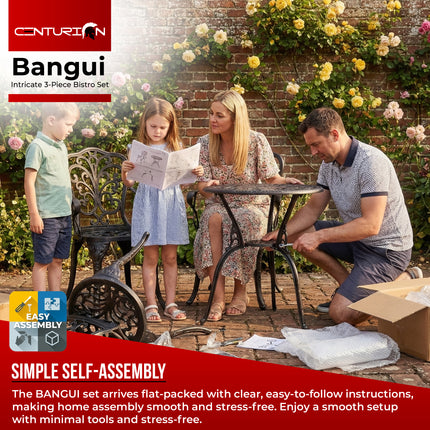 Centurion BANGUI 3 Piece Cast Aluminium Garden Bistro Set – Rust-Proof Outdoor Patio Table with Parasol Hole & 2 Large Chairs – Spanish Style Garden Furniture for Patio, Balcony & Conservatory – Black