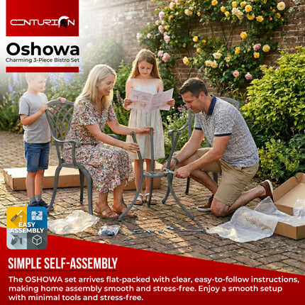 Centurion Supports OSHOWA Luxurious Garden and Patio Table and 2 Large Chairs with Armrests Cast Aluminium Bistro Set Grey