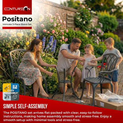 Centurion Supports POSITANO Luxurious Garden and Patio Table and 2 Large Chairs with Armrests Cast Aluminium Bistro Set - Grey
