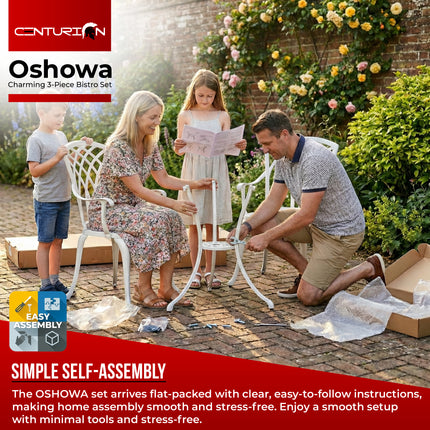 Homeology OSHOWA 3-Piece Cast Aluminium Bistro Set – Rust-Proof Round Table & 2 High-Backed Armchairs – Timeless French-Style Interlocking Lattice Basketweave Design – White Outdoor Patio Furniture