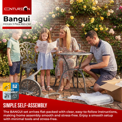Centurion BANGUI 3 Piece Cast Aluminium Garden Bistro Set – Rust-Proof Outdoor Patio Table with Parasol Hole & 2 Large Chairs – Spanish Style Garden Furniture for Patio, Balcony & Conservatory – Grey