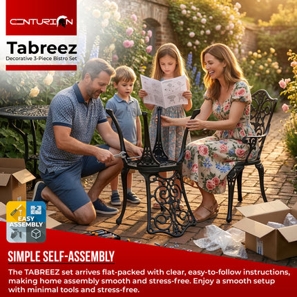 Centurion TABREEZ 3-Piece Bistro Set Garden Furniture, Cast Aluminium Outdoor Patio Set, Metal Garden Furniture, Rust-Proof Table & 2 Chairs, Bistro Set, Black