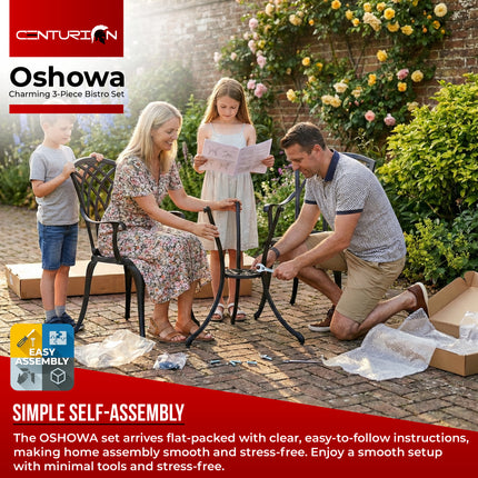 Centurion OSHOWA Luxurious Garden and Patio Table and 2 Large Chairs with Armrests Cast Aluminium Bistro Set - Black