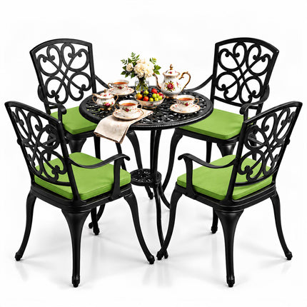 Homeology VIVALDI Black 5-Piece Cast Aluminium Garden Bistro Set - Rust-Proof Round Table with Parasol Hole & 4 Large Armchairs - with Green Cushions