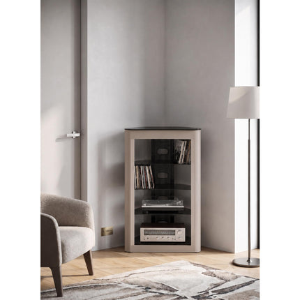 Homeology ZINNIA 5-Tier Entertainment Media Stand Black Glass Shelves & Greige Facia Audio Rack Stylish Home Theater Storage