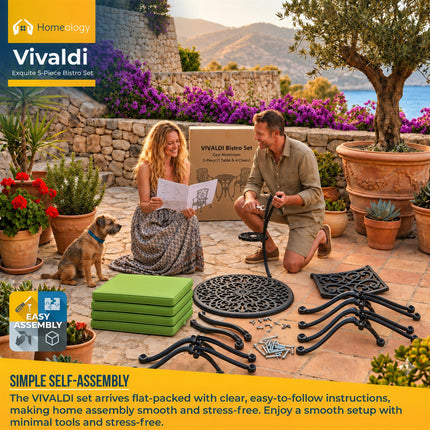 Homeology VIVALDI Black 5-Piece Cast Aluminium Garden Bistro Set - Rust-Proof Round Table with Parasol Hole & 4 Large Armchairs - with Green Cushions