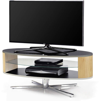 MDA Designs Orbit 1100 Gloss Black TV Stand with Oak Elliptic Sides for Flat Screen TVs up to 55" - Grade A