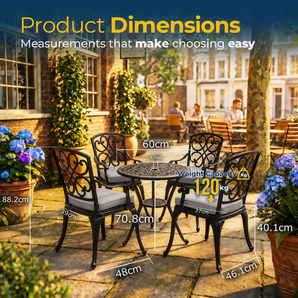 Homeology VIVALDI Black 5-Piece Cast Aluminium Garden Bistro Set - Rust-Proof Round Table with Parasol Hole & 4 Large Armchairs - with Grey Cushions