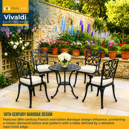 Homeology VIVALDI Black 5-Piece Cast Aluminium Garden Bistro Set - Rust-Proof Round Table with Parasol Hole & 4 Large Armchairs - with Cream Cushions