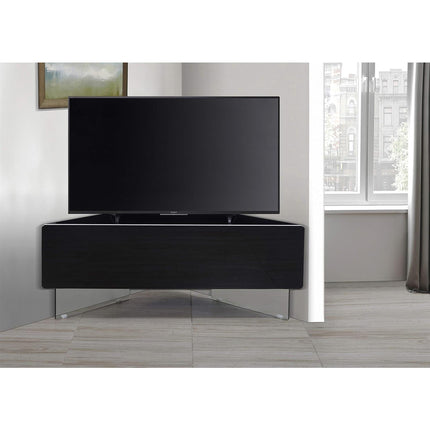MDA Designs Antares HYBRID Black Corner-Friendly with Clear Acrylic Legs Hover Effect & Remote-Friendly Glass Door TV Cabinet - Grade A
