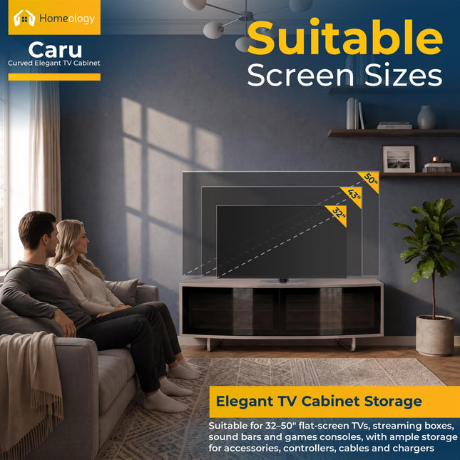 Homeology Caru Gloss Black Greige Beam-Thru Remote Friendly Super-Contemporary "D" Shape Design 32"-65" LED/OLED/LCD TV Cabinet