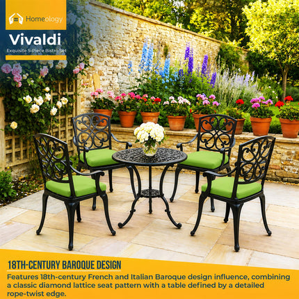 Homeology VIVALDI Black 5-Piece Cast Aluminium Garden Bistro Set - Rust-Proof Round Table with Parasol Hole & 4 Large Armchairs - with Green Cushions